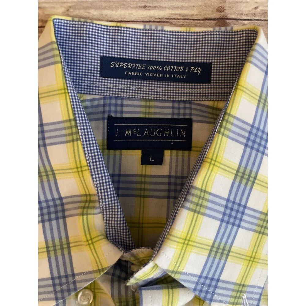 J McLaughlin Men's Blue Yellow Supreme Button Down Shirt Check Large